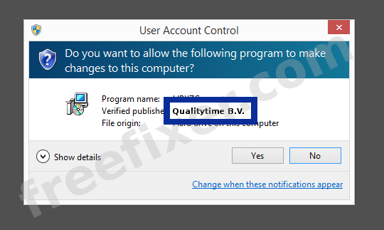 Screenshot where Qualitytime B.V. appears as the verified publisher in the UAC dialog